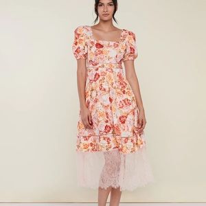 Rachel Parcell Puff Sleeve Lace Trim Midi Dress, Peach Blush Floral Multi